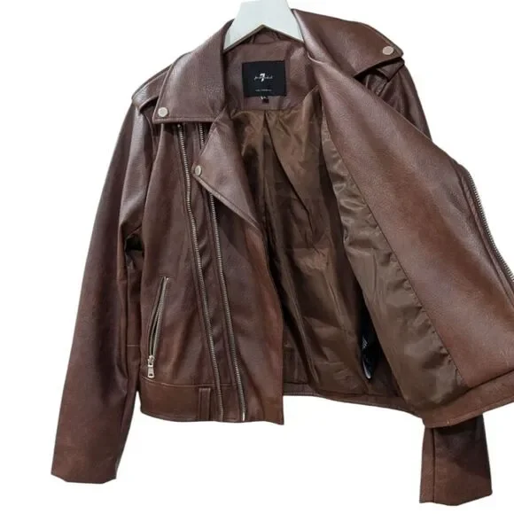 7 For All Mankind Women's M Brown Faux Leather Moto Jacket